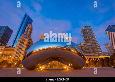 Cloud Gate is a public sculpture in AT&T Plaza at Millennium Park in the Loop community area of Chicago, Illinois Stock Photo