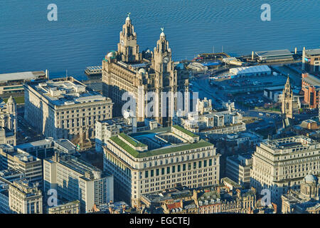 An aerial view of the Royal Liver Building in Liverpool. Completed in 1911 and former home of the Royal Liver Assurance Group Stock Photo