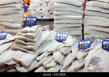 Bacalhau, dried, salted cod, for sale in market Barcelona, Spain Stock Photo