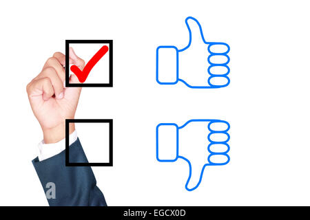 motivation choose thumb up solution for success by businessman tick box on white background Stock Photo