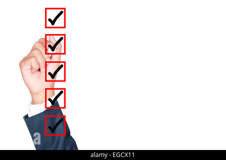 Hand Business man tick check box list on white background Stock Photo