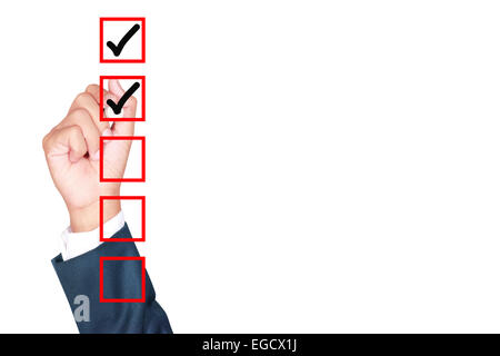 Hand Business man tick check box list on white background Stock Photo