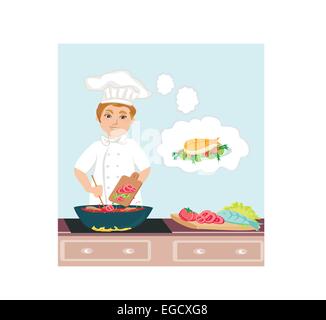 Cheerful chef cooks in the kitchen Stock Vector