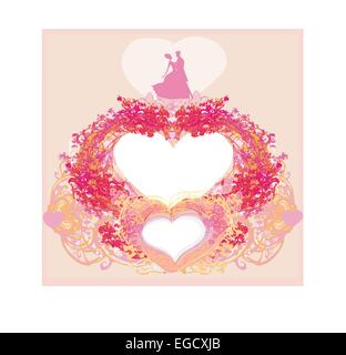 Floral greeting card with silhouette of romantic dancing couple Stock Vector