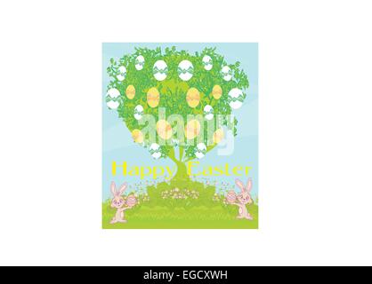 Illustration of happy Easter bunnies carrying egg Stock Vector