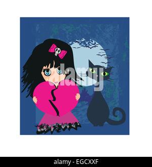 Sad emo girl and her cat. Stock Vector