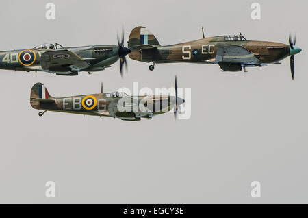 The Battle of Britain Memorial Flight (BBMF) is a Royal Air Force flight which provides an aerial display group for events. Spitfires and Hurricane Stock Photo