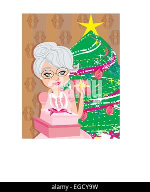 An elderly woman on the background of a Christmas tree with Christmas present in hands Stock Vector