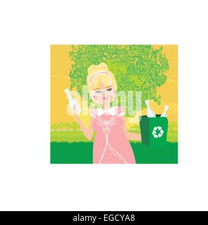 Old lady recycling plastic bottles Stock Vector