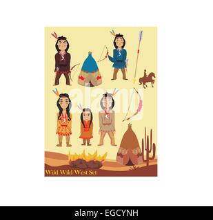 Cartoon characters indian, wild west collection Stock Vector