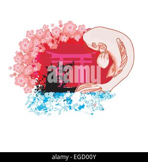 japanese koi and ancient building background Stock Vector