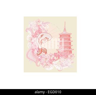 japanese koi and ancient building background Stock Vector