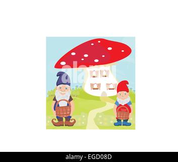 funny cartoon mushroom house and two funny gnomes Stock Vector