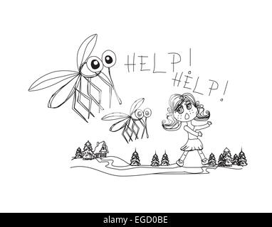 girl runs away from mosquitoes Stock Vector