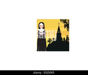 nun praying in front of the church Stock Vector