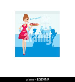 smiling waitress serving pizza Stock Vector