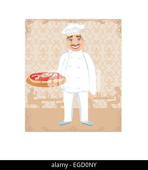 funny chef serves pizza in a restaurant Stock Vector