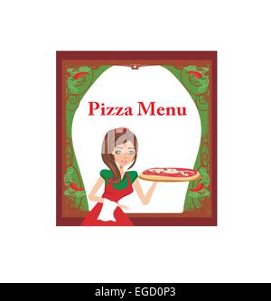 smiling waitress serving pizza , menu card Stock Vector