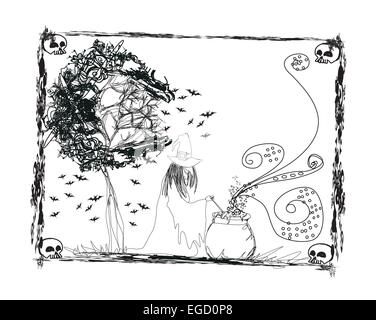 witch stirring a potion in cauldron Stock Vector