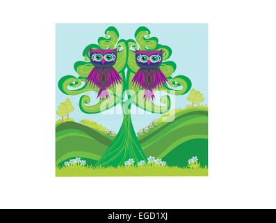 Owls couple sitting on a green tree Stock Vector