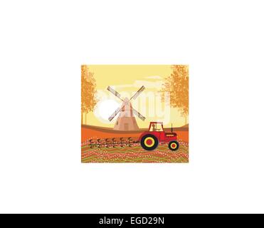 Tractor plowing field in autumn Stock Vector