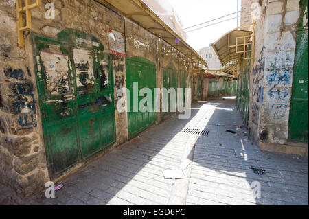 HEBRON, ISRAEL - 10 OCT, 2014: Closed shops in the old city center of Hebron Stock Photo