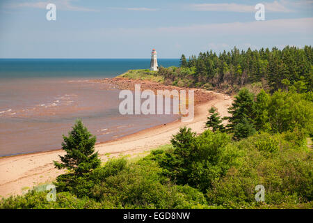 Atlantic beach coast with Cape Jourimain lighthouse, New Brunswick, Canada Stock Photo