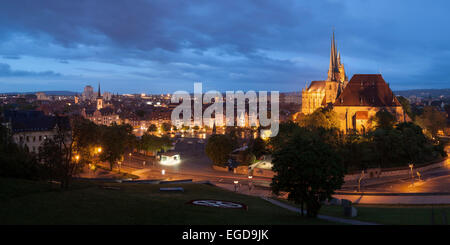 Panoramic view from the citadel Petersberg over the old town of Erfurt with the market square, Erfurt Cathedral and St. Severus in the blue hour, Erfurt, Thuringia, Germany Stock Photo
