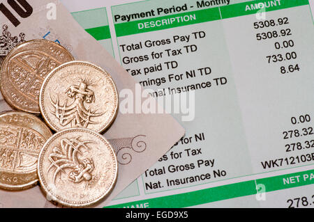 Payslip including Tax and National Insurance Details and National Insurance Number with UK Money On Stock Photo