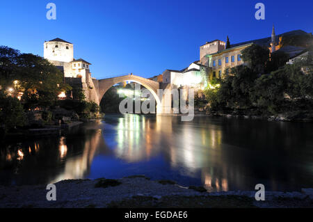 At the old bridge at night, Mostar, Bosnia and Herzegovina Stock Photo