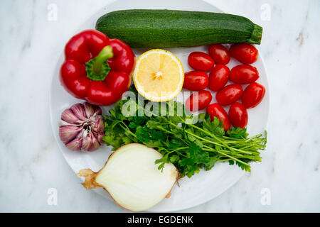 Ingredients of a healthy version of spaghetti bolognese used at Slimmeria owned by Galia Granger. Stock Photo
