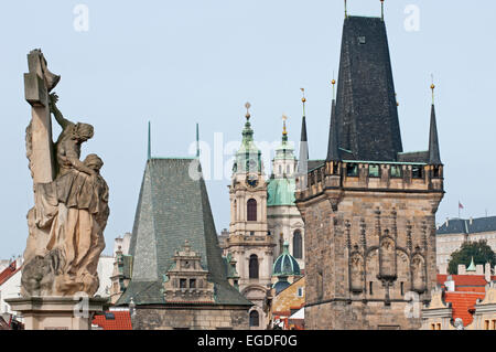 Details of Charles Bridge with the old city of Prague in the background, Prague, Czech Republic, Europe Stock Photo