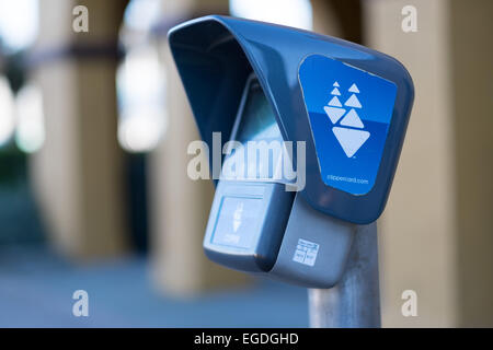 Clipper Card terminal at the Caltrain station in downtown Burlingame California. Commuter rail station. Stock Photo