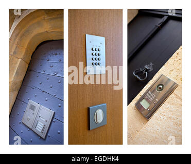 Pile drivers and intercoms on a collage Stock Photo