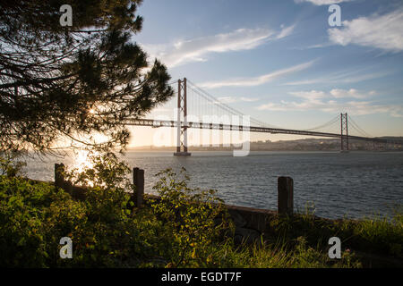 Ponte 25 de Abril bridge over Tagus river seen from Almada, Almada, Almada (near Lisbon), Portugal Stock Photo