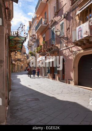 Street scene in Taormina, Sicily, Italy. Italian Tourism, Travel and Holiday Destination. Stock Photo