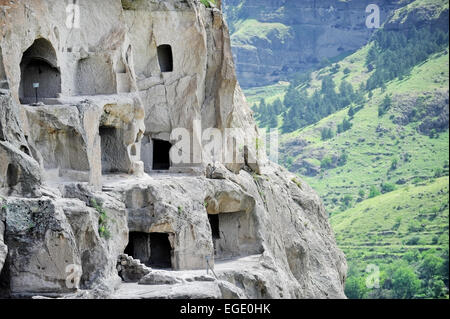 Detail with Vardzia ancient cave city on a summer day. Vardzia is one of the main landmarks in Georgia. Stock Photo