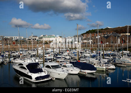 Yachts and motorboats are moored in the marina in St. Helier, Jersey UK Stock Photo