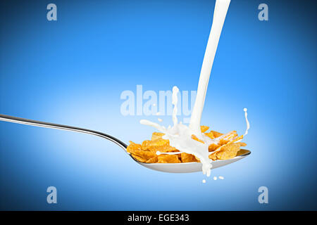 milk splashes on spoon with corn flakes Stock Photo