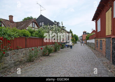 AHUS, SOUTH SWEDEN - JUNE 28, 2014: Idyllic street with roses and cobble stones on June 28, 2014 in Ahus, South Sweden. Stock Photo