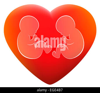 Outline illustration of two babies or twins with a pink heart around ...