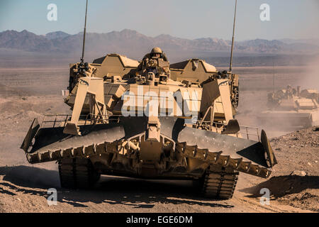 US Marine Corps assault breacher vehicles during a Battalion Assault Course Integrated Training Exercise February 12, 2015 at Marine Corps Base Twentynine Palms, California. Stock Photo