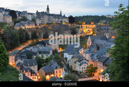 Lower part of the Grund  (Luxembourg City old town) with river Alzette at dusk, Luxembourg Stock Photo