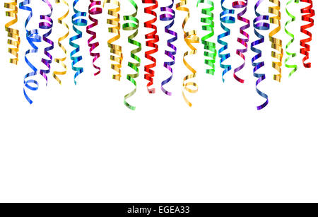 Colorful shiny streamer isolated on white background. Border with carnival party serpentine decoration Stock Photo