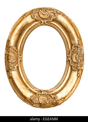 Golden oval frame isolated on white. Baroque style antique object. Stock Photo