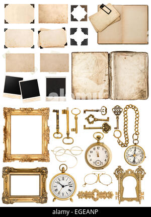 Antique book, aged paper card with corners, tapes and frames, photo cardboard, golden keys isolated on white background. Stock Photo