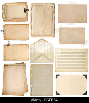 used paper sheets. vintage book pages, cardboards, music notes, photo frame with corner, envelope isolated on white background Stock Photo