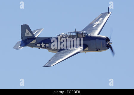 WWII Douglas SBD Dauntless Dive Bomber Airplane flying at 2014 Chino Air Show Stock Photo