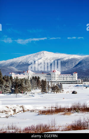 Facade of the majestic Mount Washington Hotel in Bretton Woods, New Hampshire, USA is in the White Mountain National Forest. Stock Photo