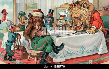 The Vacant Plate - Turkey - Ha, Ha!  How disappointed they look.  Now I have lots to be thankful for.   Illustration shows the British Lion, the Russian Bear, a cat labeled Austria, and three dogs labeled 'France, Italy, and Germany' gathered around a table for Thanksgiving dinner. The British Lion is holding a large knife labeled 'Dismemberment of Turkey', but the platter is empty. Looking in from the left is a turkey wearing a fez labeled 'Turkey'. Political cartoon, 1903 Stock Photo